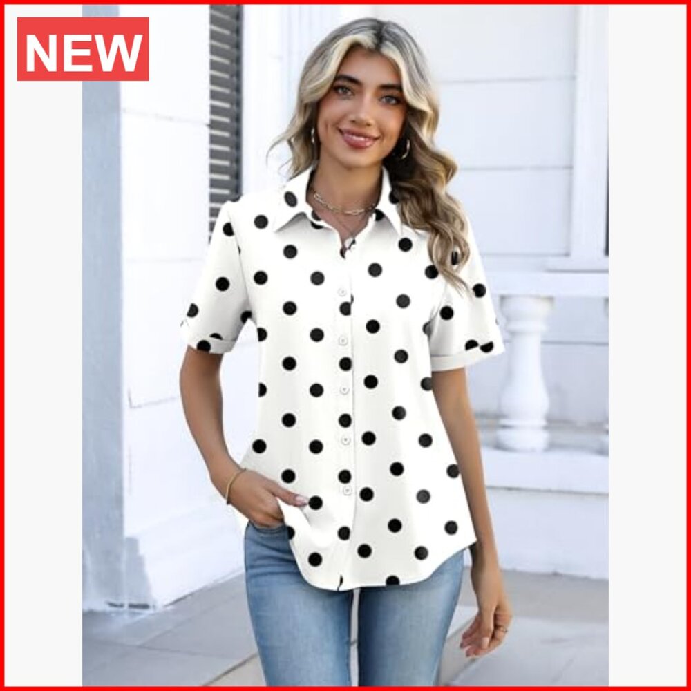 Polyester Blend Button Down Shirt V-Neck Short Sl… - image 5
